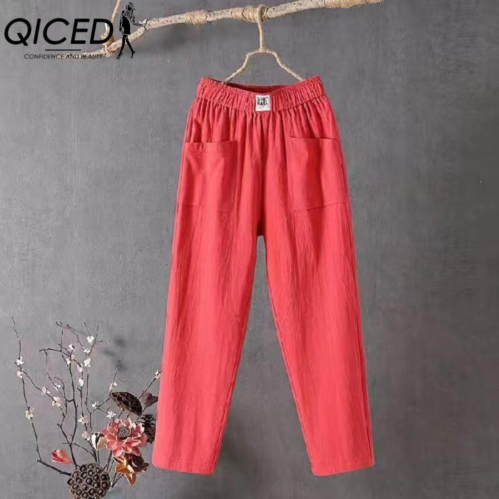 QICED Sommer Damen Hosen Lässige Baumwollleinenhosen Locker Gerade Hosen Neun-Punkt Harems-Hosen XXXXXL rot