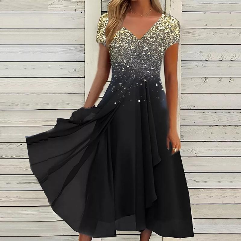 Frauen Sommer V-ausschnitt Kurzarm Swing Kleid Abend Cocktail Party Midi Kleid Plus Größe XXXL schwarz