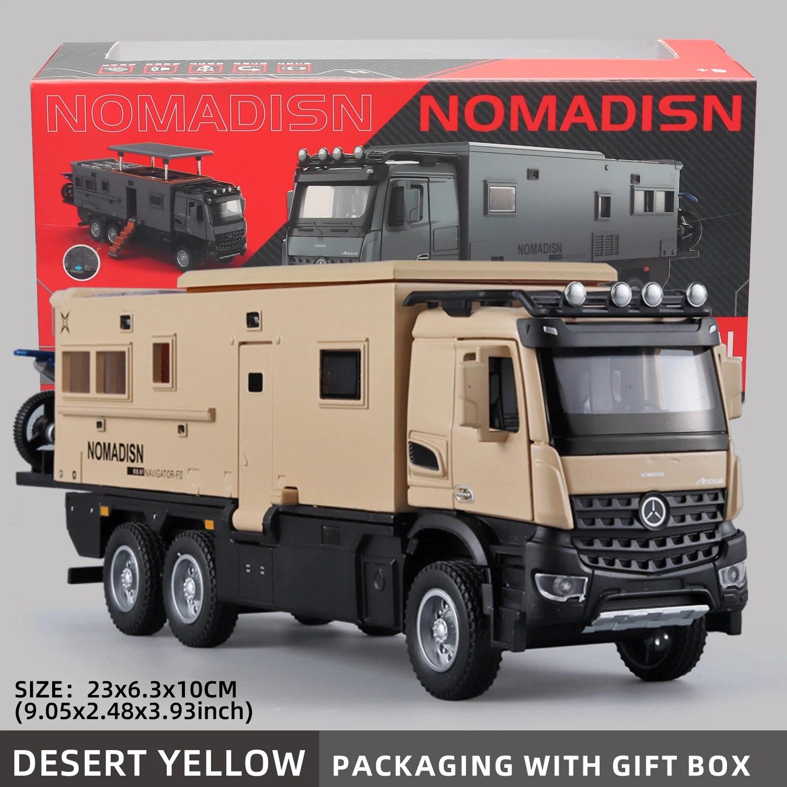 1:24 Mercedes Benz Camper RV Caravan Spielzeug-Modellautos, Druckguss-Pullback-Truck-Spielzeugauto-Modell mit Ton und Licht, geeignet für Kinder, Jungen und Mädchen gelb