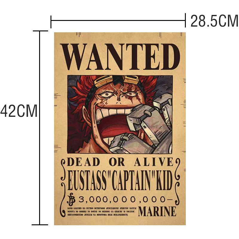 Anime One Piece Ruffy 3 Billion Bounty Wanted Poster Vier Kaiser Kid Actionfiguren Vintage Wanddekoration Poster Spielzeug Kidd braun/schwarz