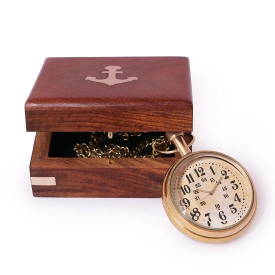 Antike Taschenuhr aus Messing mit Holzbox, goldene Analoguhr, lange Kette, einzigartige Geschenke für Männer