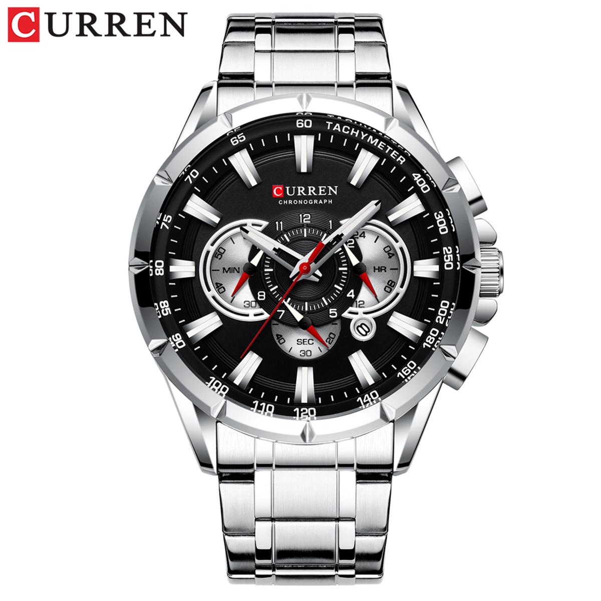 CURREN 8363 Uhr Quarz Herren Armbanduhr Uhren mit Edelstahlarmband Drei Hilfszifferblätter Kalenderanzeige Wasserdicht silber/schwarz