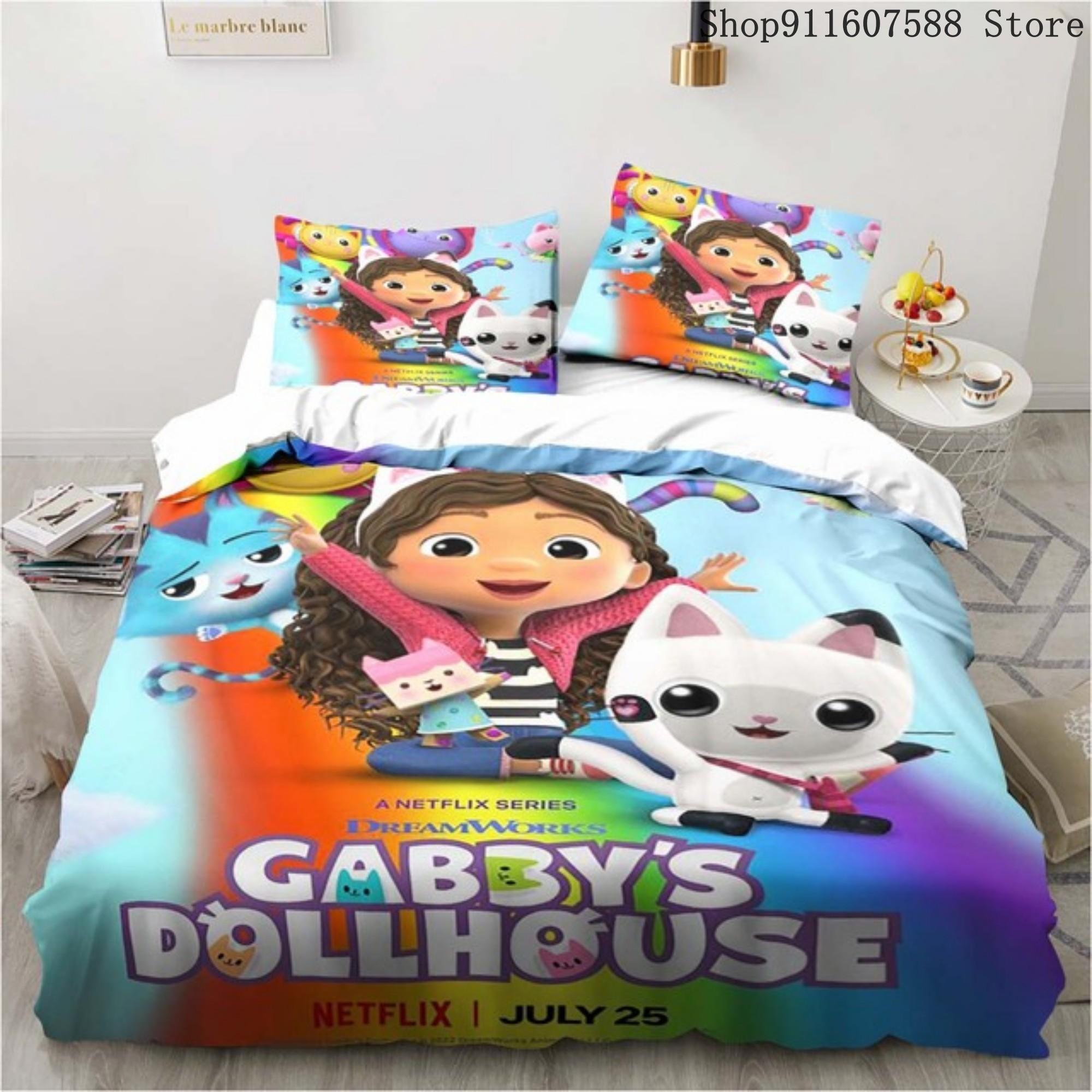Gabbys Puppenhaus Bettwäscheset Kawaii Bettwäscheset Einzel-Doppelgröße Heimdeko für Mädchen Kinder Cartoon Niedliche Katze Bettbezugset US Full203x228cm