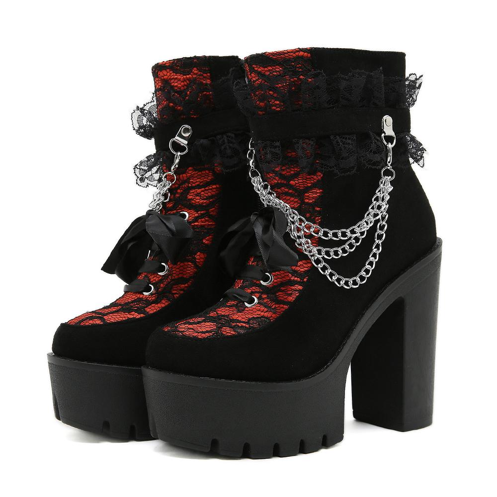 Gdgydh Vintage Gothic Spitzen-Stiefeletten für Damen, klobiger Absatz, seitlicher Reißverschluss mit Kettendetail, Plateau-Gothic-Stiefel, High Heels 38 schwarz