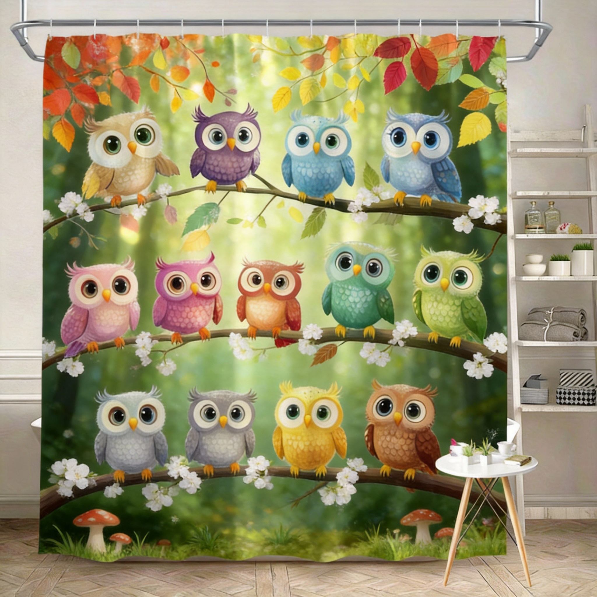 Skurriler Eulen-Duschvorhang 180x180cm – Ausdrucksstarke Augen & Pastellfarbverlauf, Herbst-Badezimmer-Dekor, 12 Haken 90X180cm(35x70in)