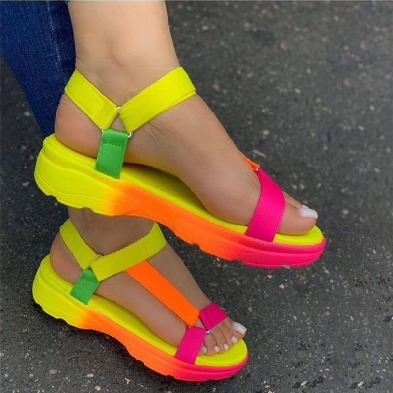 Mode Plus Größe Frauen Schuhe 2022 Sommer Neue Damen Mode Sandalen Regenbogen Farbe Klett Flache Damen Sandalen 36 gelb