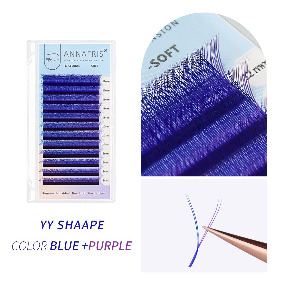 ANNAFRIS C/D Curl YY Lashes Farbe natürliche Y-Form einzelne Wimpernverlängerungen 0.07mm D 8-12mmMix violett/blau