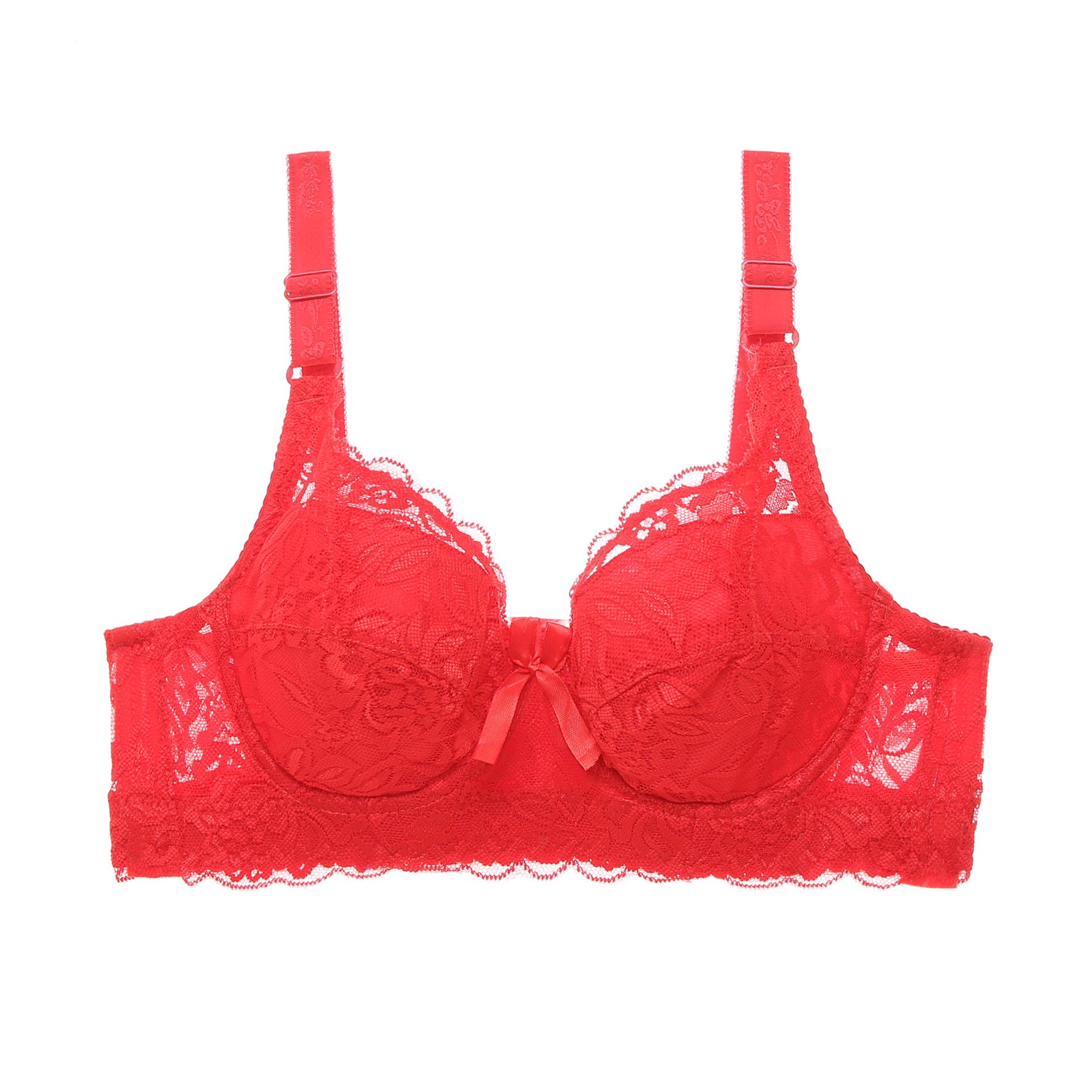 Plus Size 36-46 Damen Push-Up-Dessous, sexy einfarbiger Bügel-BH, floraler Spitzen-BH, dünn, bequem, atmungsaktiv, Damenunterwäsche 44/100C rot