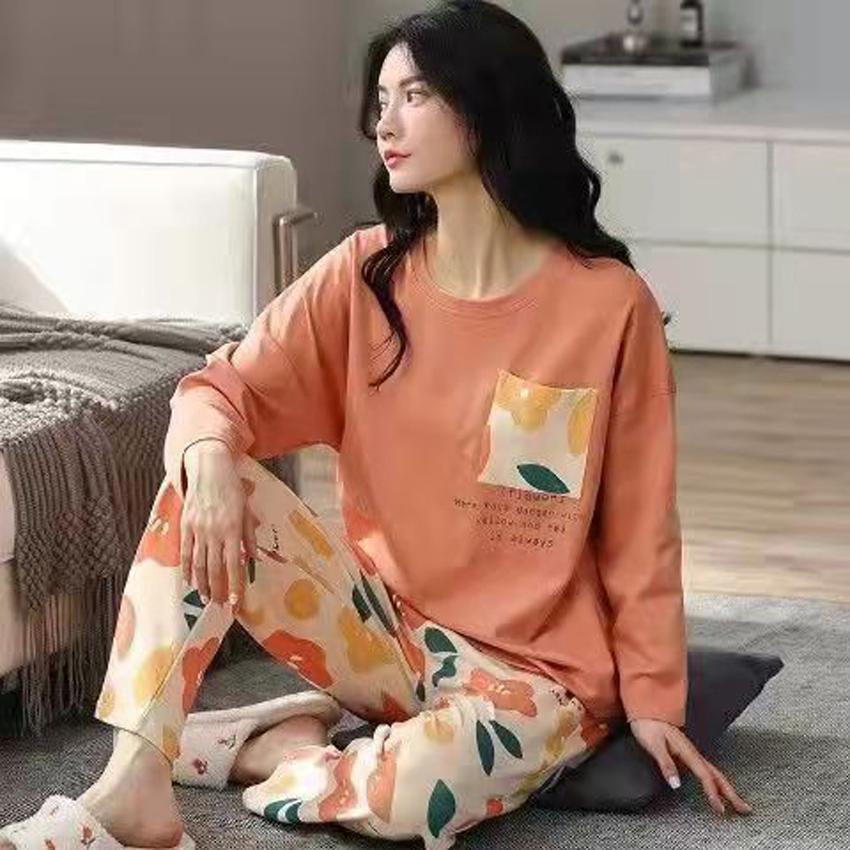 Neuer Winterpyjama, Damen, koreanische Version, langärmelig, Homewear-Anzug, locker, große Größe, zweiteiliger Anzug, kann draußen getragen werden XL atomic tangerine