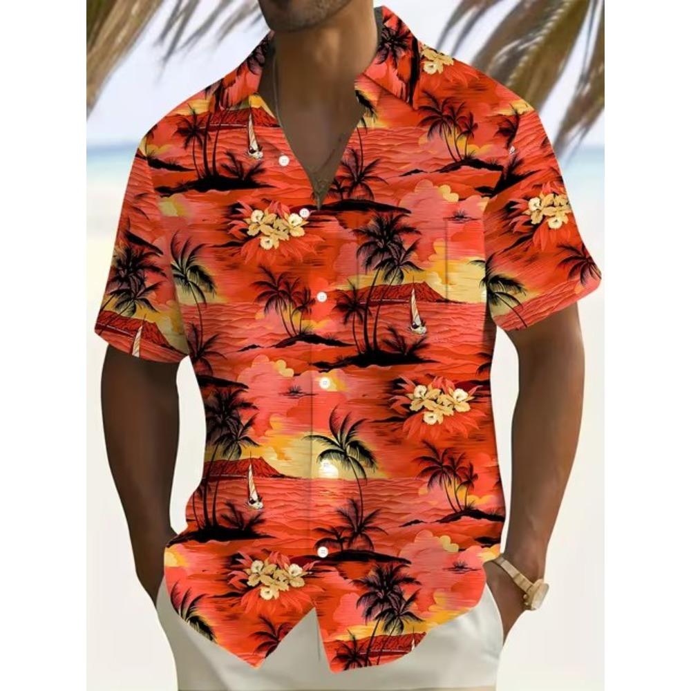 Herren Hemd mit Kokospalmenmuster 3D-Druck Hemd mit Knöpfen Freizeithemd Sommerhemd Kurzarm Tägliche Urlaubsbekleidung 7XL orange