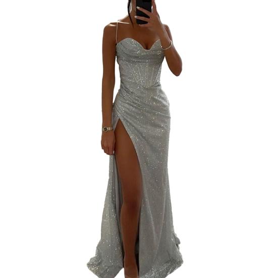 Damen-Abendkleid, Spaghettiträger, glänzende Pailletten, ärmellos, schulterfrei, tief ausgeschnitten, hoch gespalten, locker, hohe Taille, bodenlang, Damen-Abschlussballkleid L silber