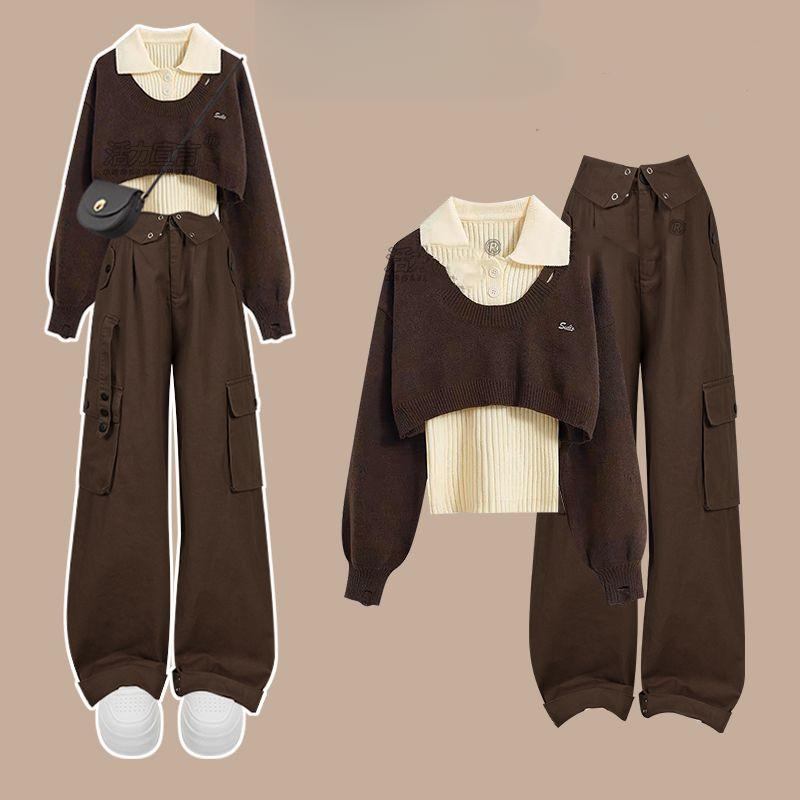 Herbst- und Winterset für Damen, koreanischer Strickpullover, Polo-Shirt für Damen, vielseitige Arbeitskleidung, dreiteiliges Set S kaffeebraun