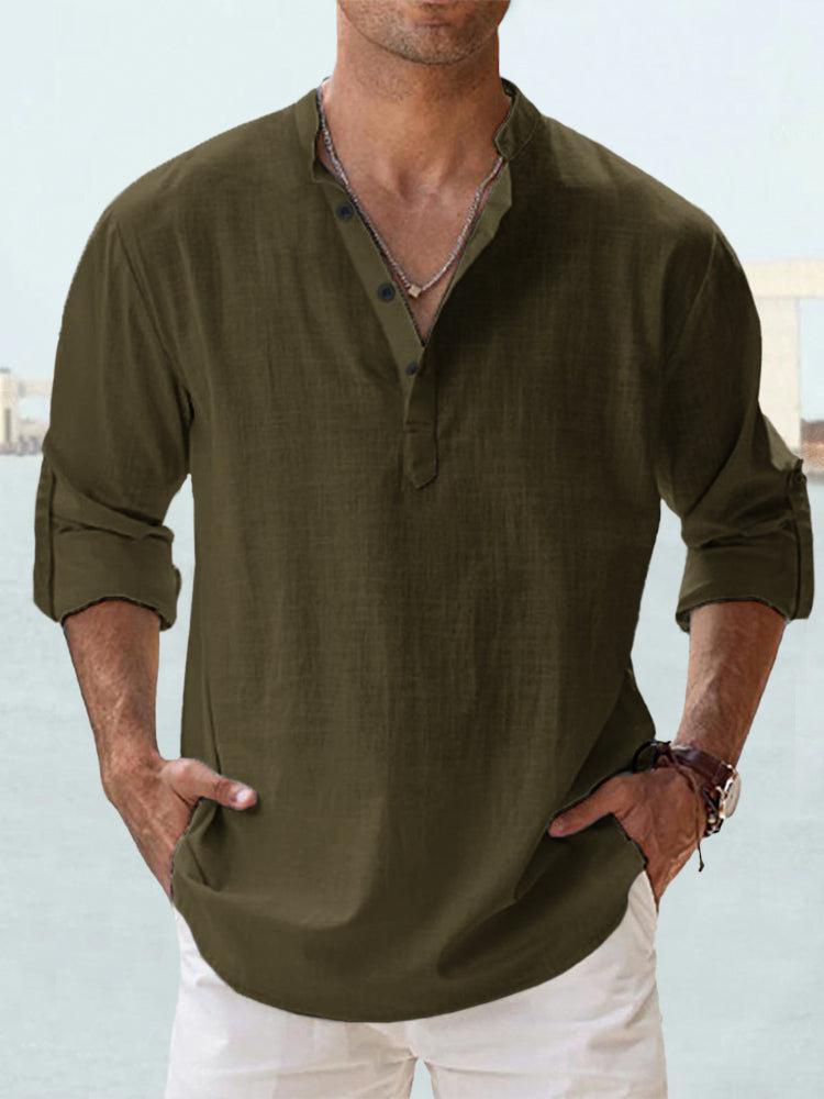 Neues Baumwoll-Hanf-Hemd, lockeres Herren-Freizeithemd, leichtes Langarm-Henry-Strandhemd, Hawaii-T-Shirt, große Herren-Straßenkleidung 4XL grün