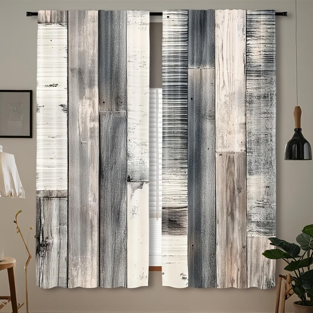 2 Stück Moderne Europäische Stil Holzboden Gedruckte Vorhänge Stangentaschen-Design Halbtransparente Polyester Vorhänge für Küche Café 100*130 Grommet Top 1pcs