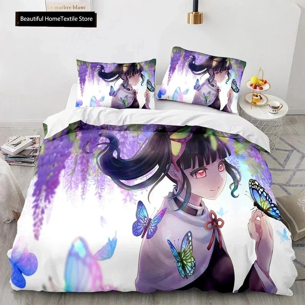 Dämon Slayer 3D-Bettwäscheset, Anime, Bettbezug, Kissenbezüge, Einzelbett, Doppelbett, Queen-Size-Bett, King-Size-Bett, Jungen, Mädchen, Jungen, Geschenk, Heimdekoration EU Double 200x200cm