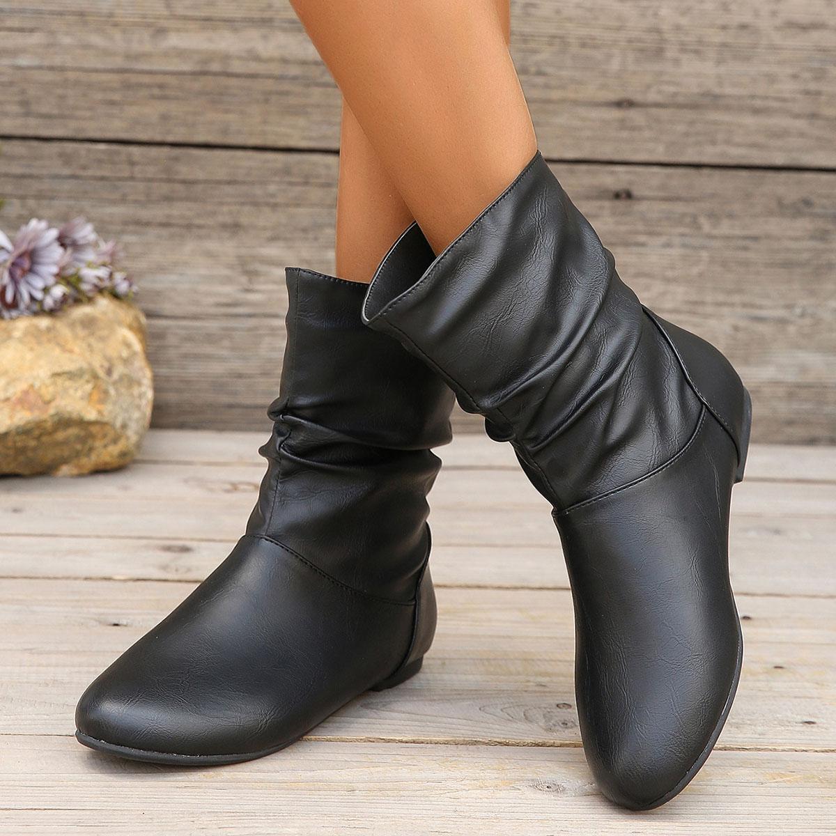Fashion Comemore Fashion Übergröße Gestapelte Stiefeletten für Damen 2025 Herbst Winter Schlupf-Faltenstiefeletten Flache Weiche Sohle Bequemschuhe 36 schwarz