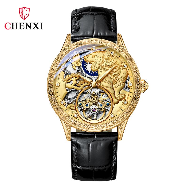 Neue Top-Marke Luxus Herrenuhr mit Box Golden Tiger Leder wasserdicht Herren mechanische Uhren gold