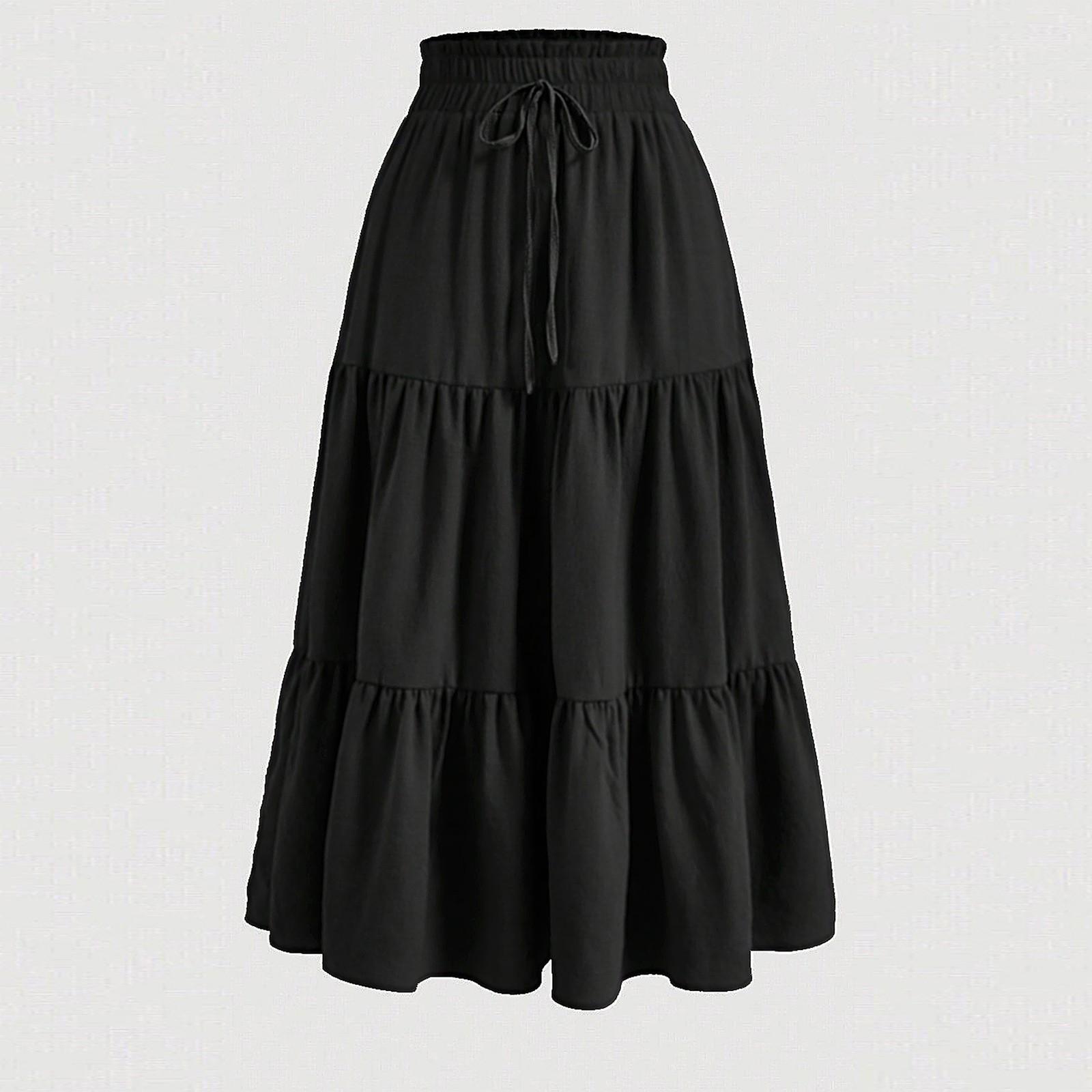 Damenmode, einfarbig, Blumenmuster, Kordelzug, elastische Taille, lockerer langer Rock XL schwarz