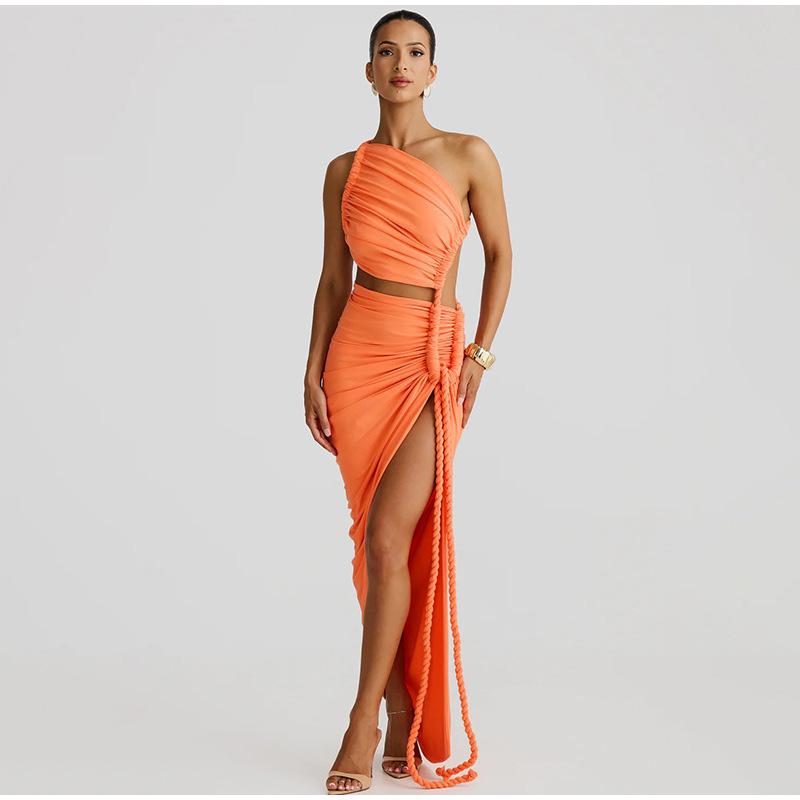 Mode Asymmetrische Geraffte Backless Hohe Split Lange Kleid Frau Sexy Slant Schulter Hanf Seil Aushöhlen Sommer Urlaub Kleider M orange