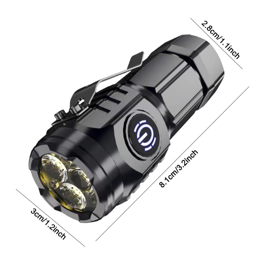 Superhelle Mini-Taschenlampe 3-äugige Hochleistungs-LED-Taschenlampe USB-wiederaufladbar Clip-on-Taschenlampe Außen Notfall Arbeitsleuchten BLACK