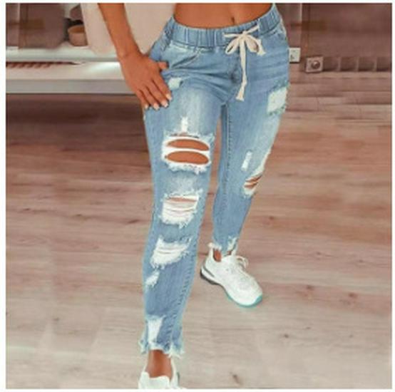2023 High Waist Ripped Lace-up Damenjeans - Elastischer Bund, Schmales Bein, Lange Hose M blassblau
