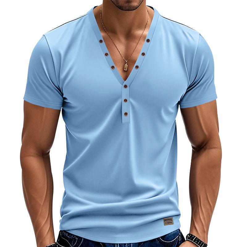 Herren Kurzarm Henley Shirts Lässig Einfarbig Kurzarm T-Shirt für Herren Polo Herren Baumwolle Herren T-Shirts S hellblaue