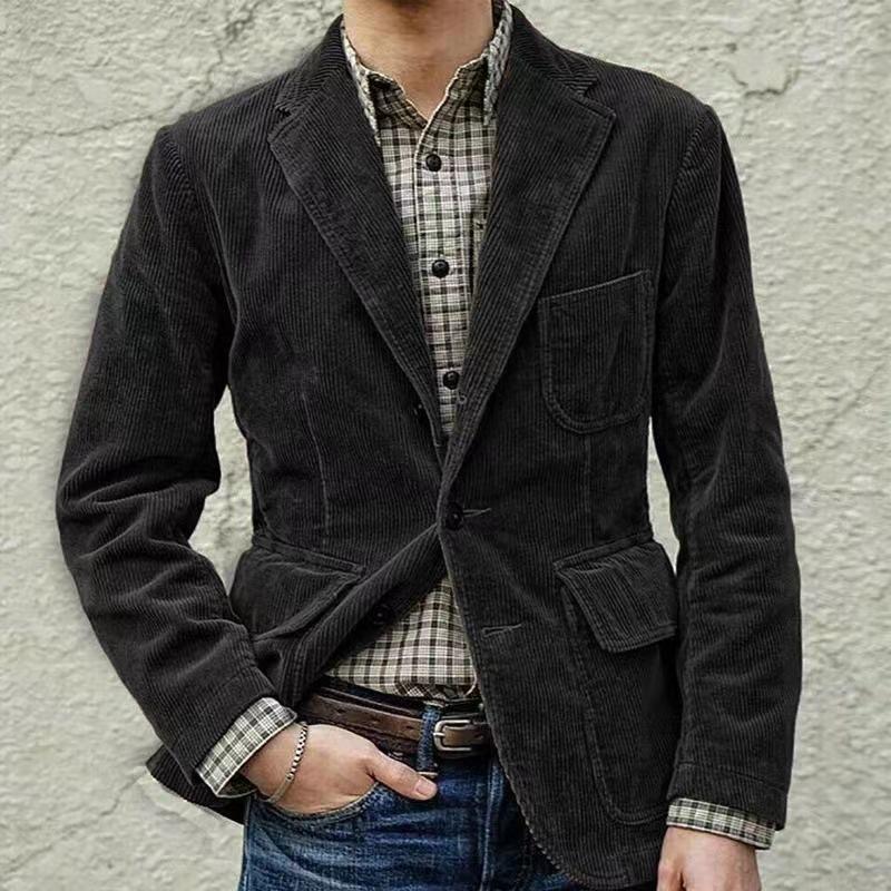 Herbst Herrenbekleidung Cord Einfarbig Anzug Herren Modische Casual Anzug Kragen Casual Jacke L schwarz