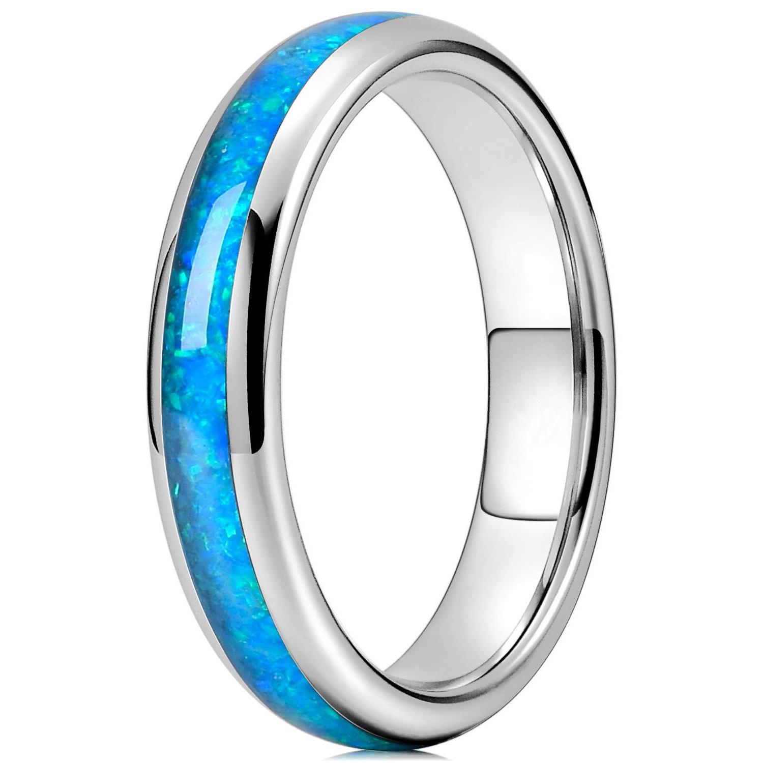 Einfacher 4mm Edelstahlring für Damen Herren Blaues Feueropal-Inlay Luxuriöser Ehering Verlobungsringe Schmuck anillos mujer 13 white