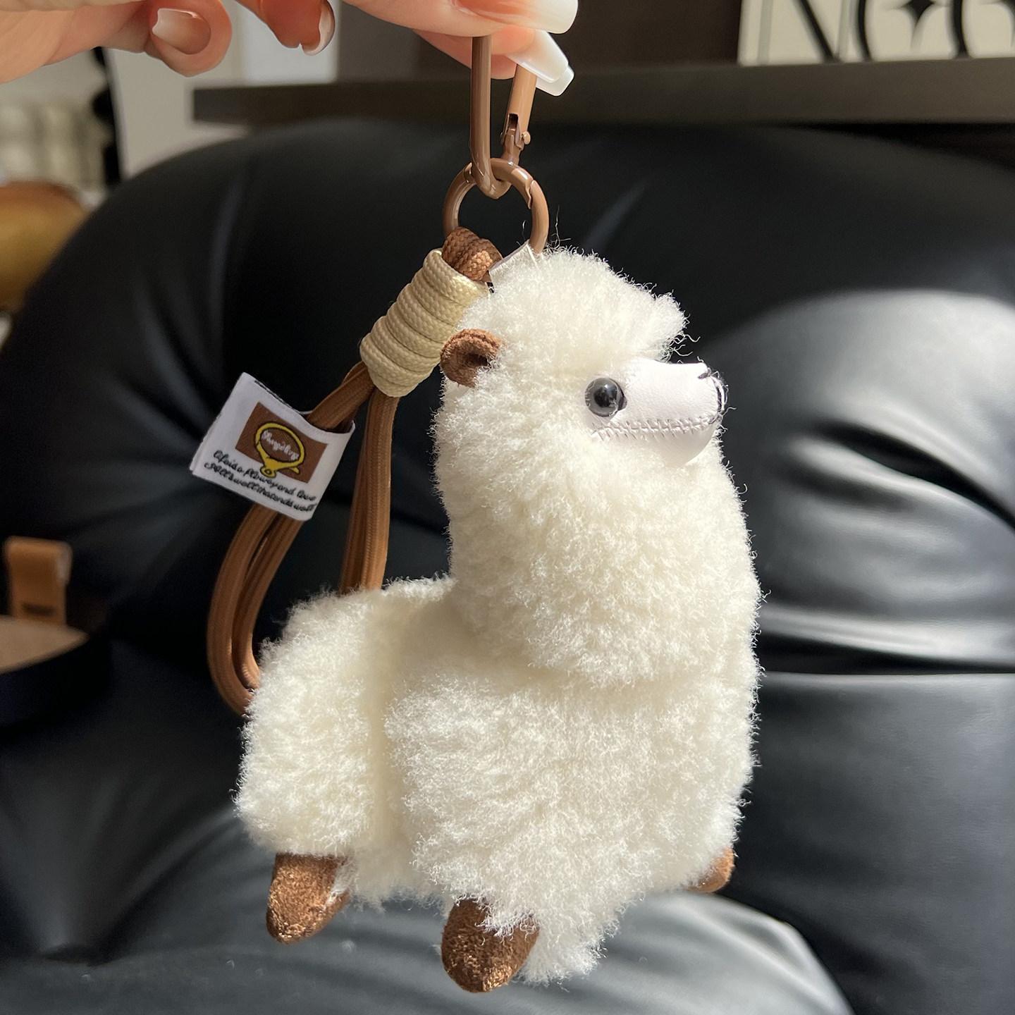 Flauschiger Kawaii Schlüsselanhänger Lama Alpaka Schlüsselanhänger Plüschtier Stoffanhänger Auto Dekoration Tasche Anhänger Entzückende Echte Wolle Fell Schlüsselanhänger 13 cm white