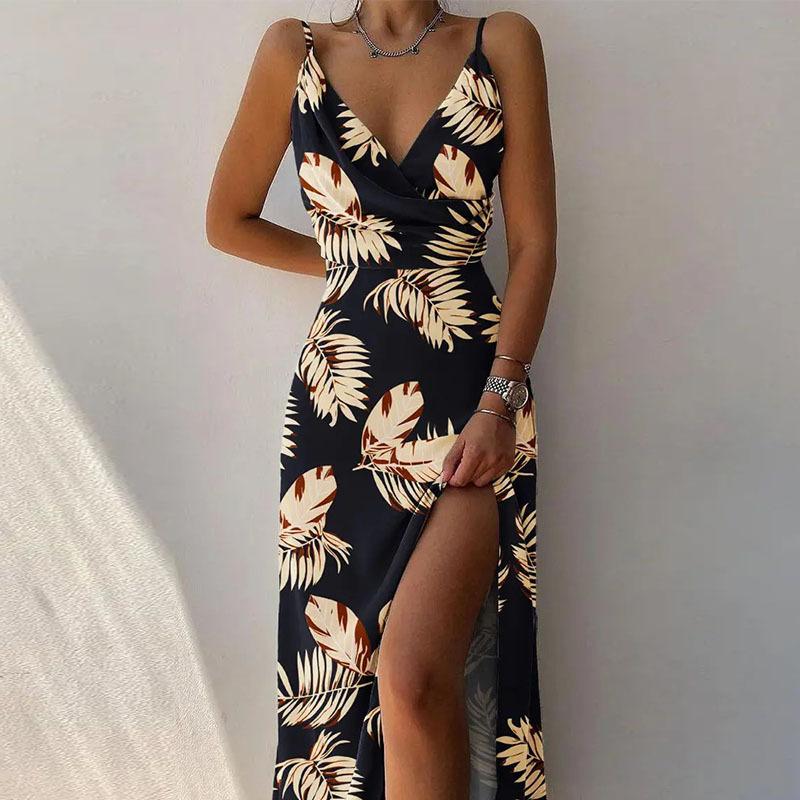 DAFIFY Damen Mode Sommer Frühling Einfarbige Druck Ärmellos V-Ausschnitt Hohe Taille Lässige Kleider XXXL black