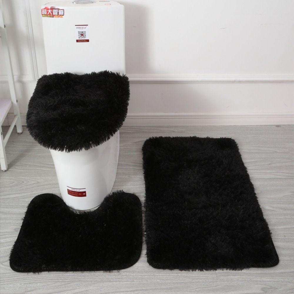 3 teile/satz Flauschige Haare Wc Deckel Abdeckung Teppiche Einfarbig Dusche Teppiche Sets Dusche Zimmer schwarz