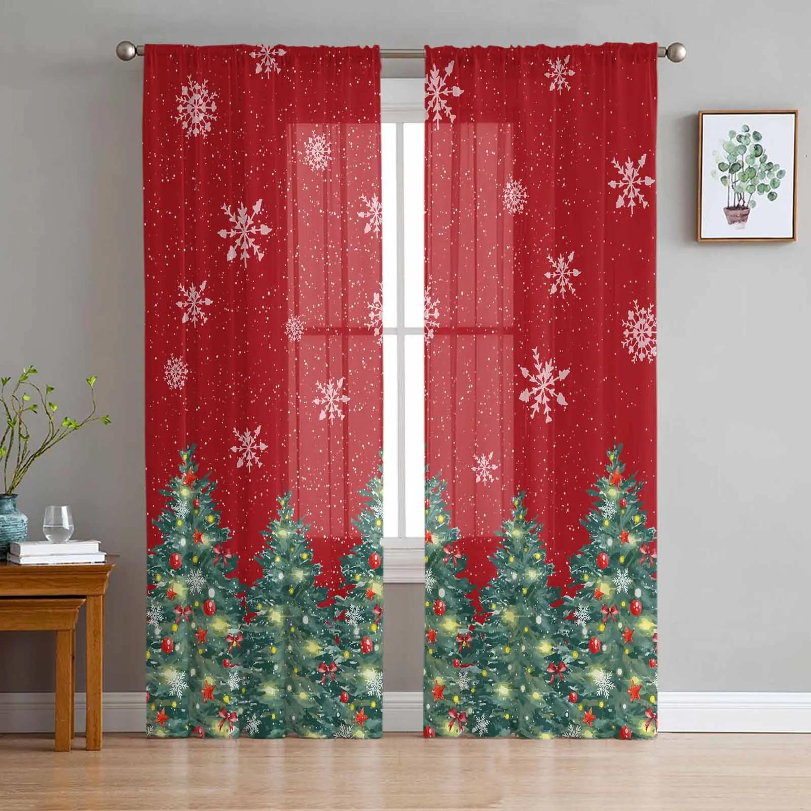 Weihnachtsbaum Schleifen Sterne Schneeflocken Transparente Vorhänge für Wohnzimmer Dekoration Fenster Vorhänge Küche Tüll Voile Vorhänge W135 x H115cm x1 red