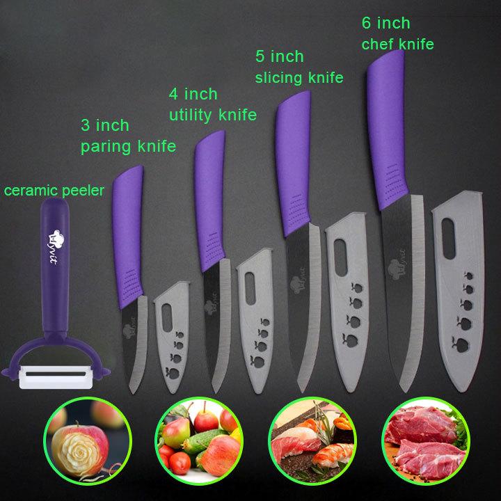 Keramikmesser, Küchenmesser, 3, 4, 5, 6 Zoll, Kochmesser, Kochset + Schäler, weiße Zirkonia-Klinge, mehrfarbiger Griff, Küchenmesser und Zubehör, Messersets violett