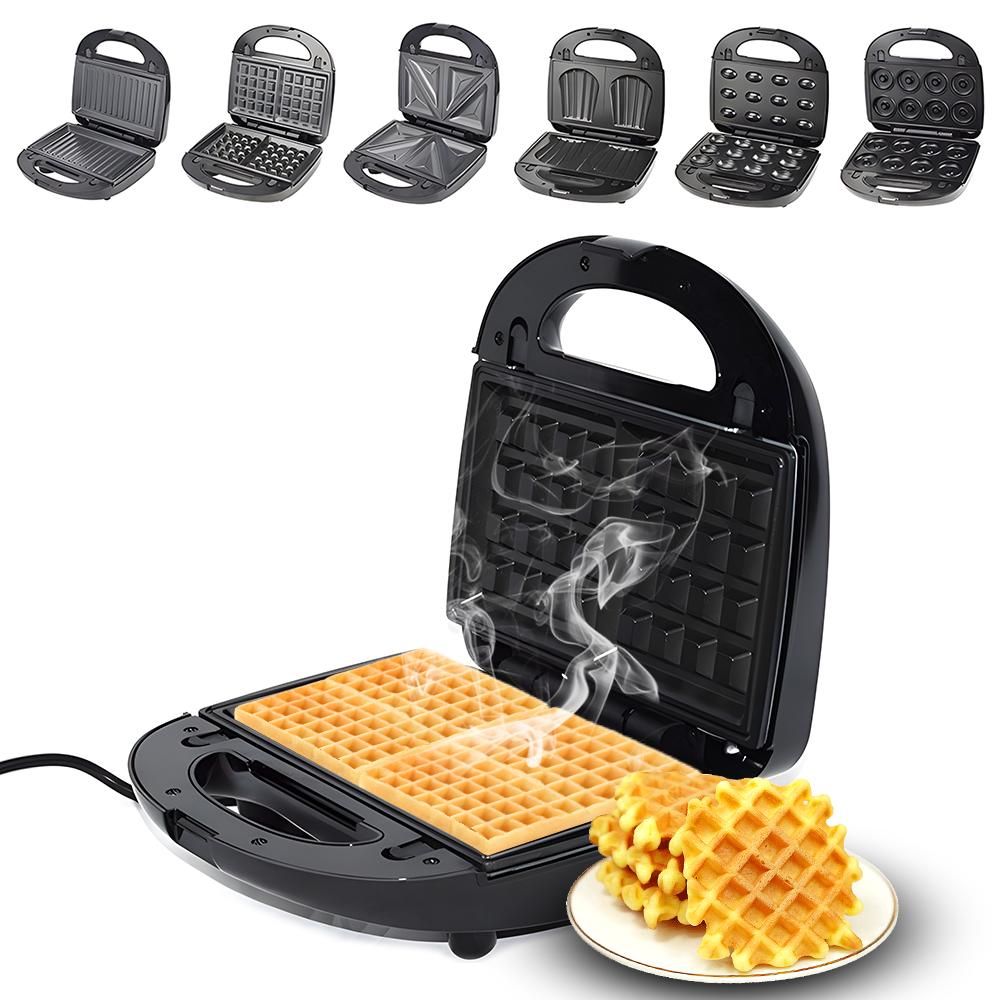 Waffeleisen 6 in 1 Doppelseitige Heizung 750W Elektrisches Waffeleisen mit Antihaft-Abnehmbaren Platten UK Plug schwarz