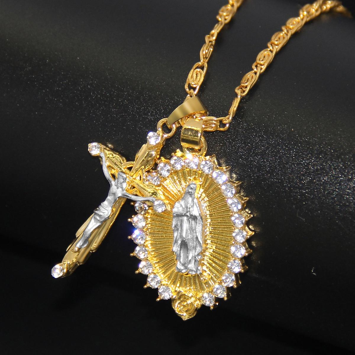 2021 Gold Farbe Kristall Kreuz + Jungfrau Maria Halsketten für Frauen Männer Religion INRI Kruzifix Jesus Kette Anhänger Halskette Schmuck geschenke gold