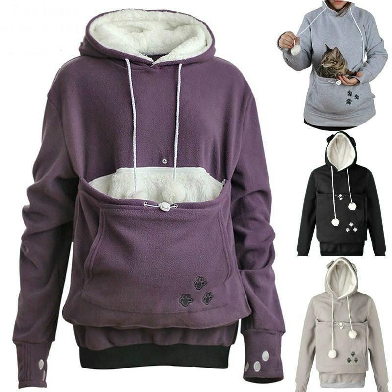 Känguru-Pullover, Haustierhalter, Pullover, Hoodies, Katzenohren, lange Ärmel, Meow, Fußgänger, Meow, Planet Show, großes Taschen-Paar-Sweatshirt S violett