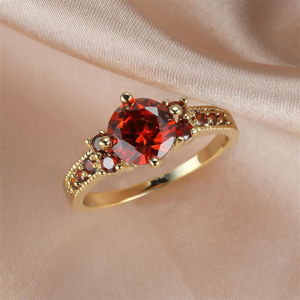 Roter Kristall Runder Stein Eheringe Für Damen Vintage Mode Goldfarbe Verlobungsringe Juli Geburtsstein Schmuck 10