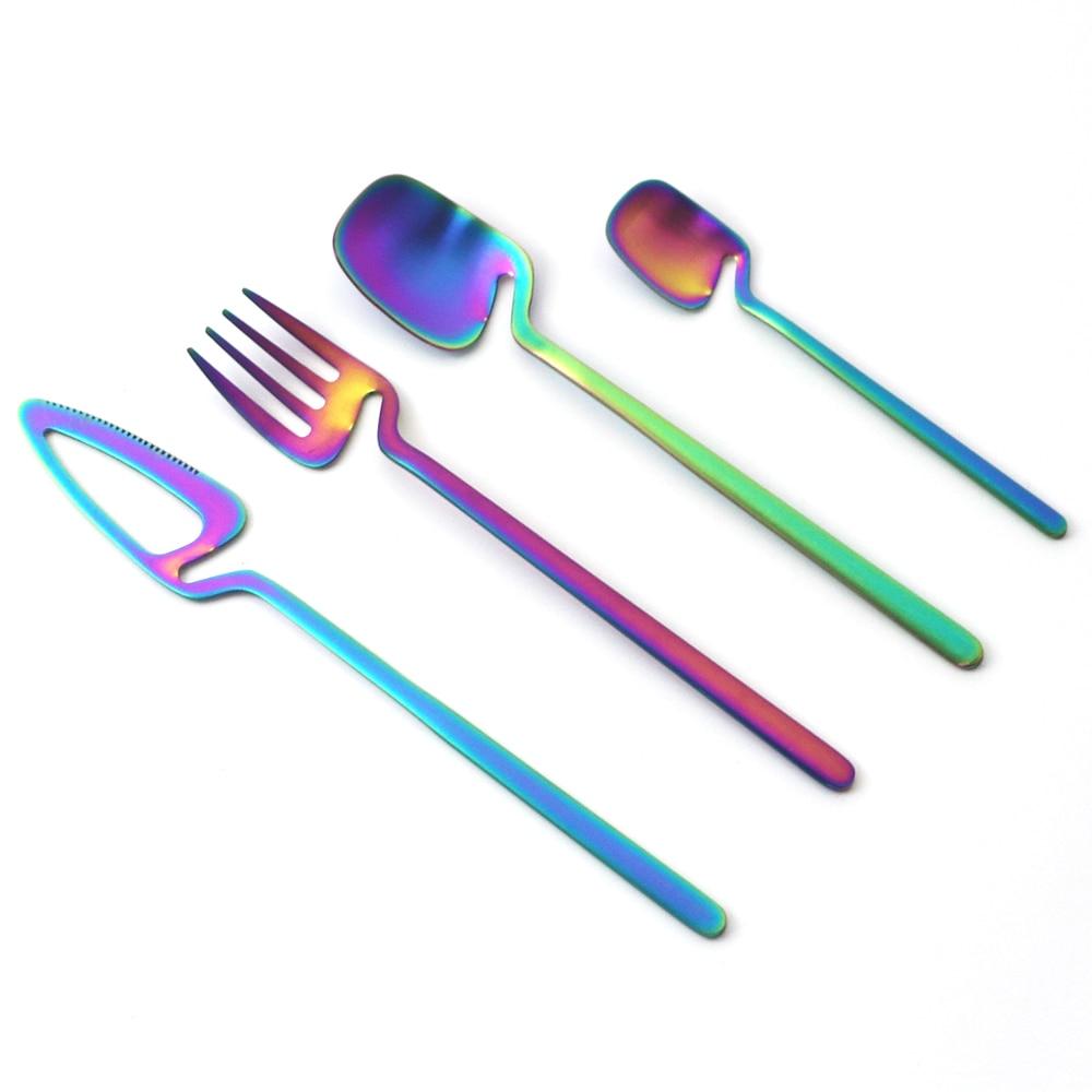 4-teiliges Besteckset in mattem Regenbogen-Design, Edelstahl-Geschirr, Besteck-Set, Messer, Gabel, Kaffee, Eislöffel, Geschirr-Set