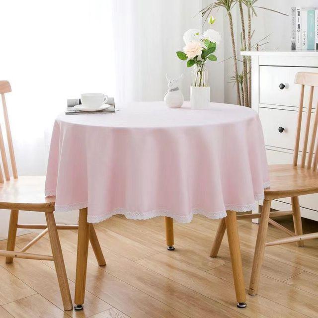 Einfarbige runde Tischdecke mit Spitze, Tischdecke aus Baumwollleinen, für Hochzeiten, Esszimmer, Teetisch, Dekoration Round Diameter 120cm rosa