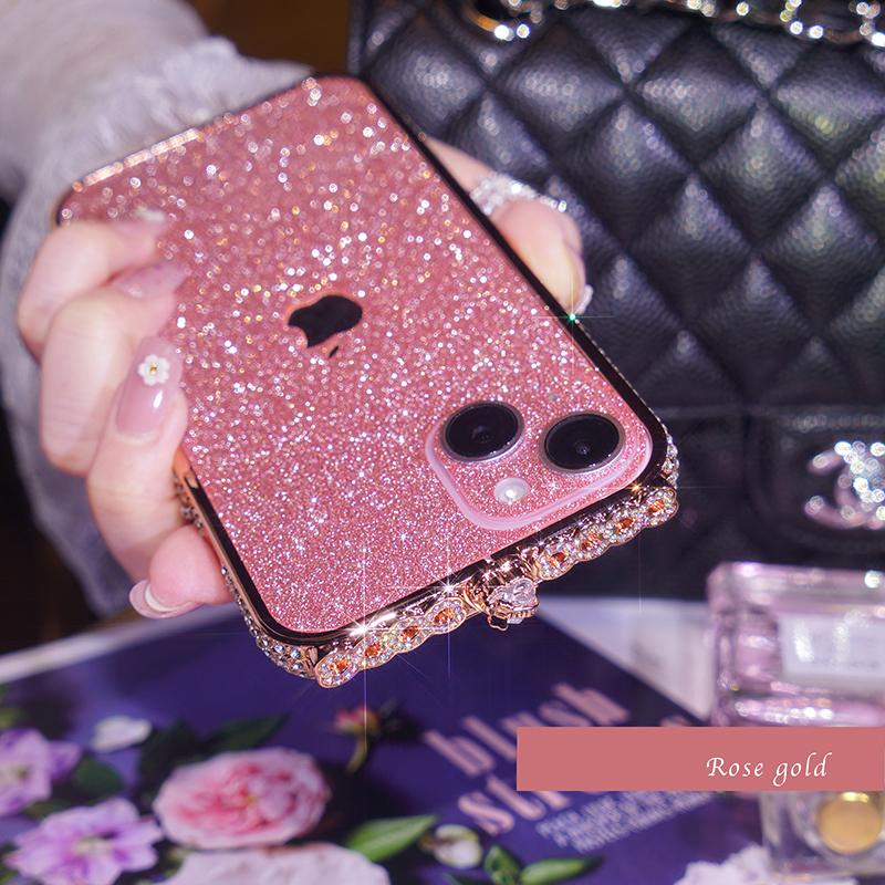 Bunter Diamantrand mit Glitzerfolienaufkleber Handyhülle für iPhone 15 14 Plus 13 12 11 Pro Max XSMax 8 7 Plus Schutzhülle iPhone 14 Plus rose gold