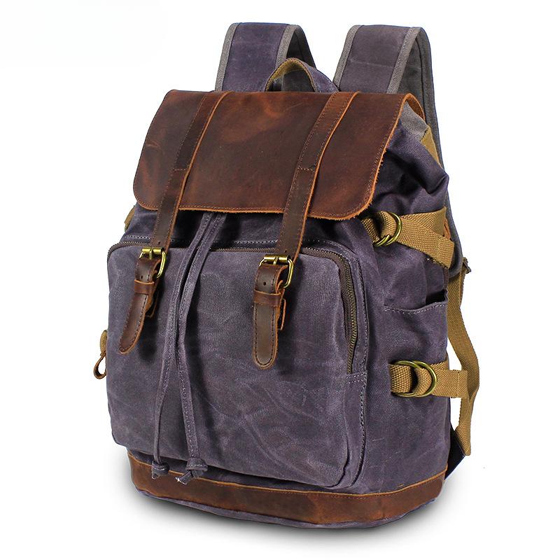 Rucksack Studentenrucksack Retro Reisetasche Wasserdichtes Canvas mit Oberleder Computer-Reisetasche graue