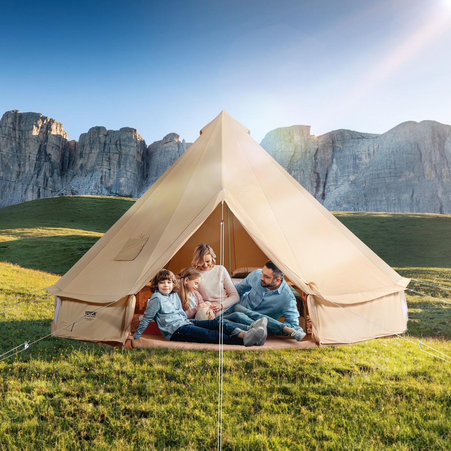 Canvas Bell Tent, 4 Jahreszeiten 3 m/9.8ft Jurtenzelt, Canvas Zelt für Camping mit Ofenrohrdurchführung, Atmungsaktives Zelt für bis zu 4 Personen, Familien-Camping Outdoor