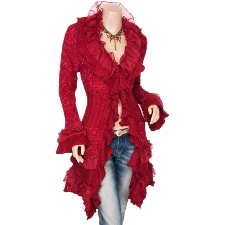 Damenmode-Cardigan-Pullover, einreihiger, mittellanger Mantel mit Spitzentrompetenärmeln One Size wein rot