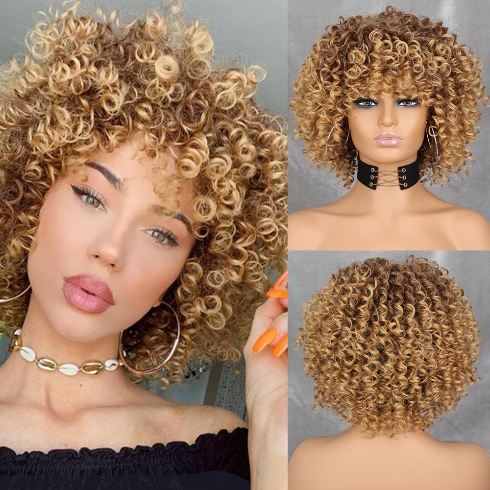 MERISIHAIR Lockige Afro-Blondine-Perücke mit Pony, schulterlange Perücken, Afro-Kinky-Perücken, synthetische lockige Vollperücke für schwarze Frauen China