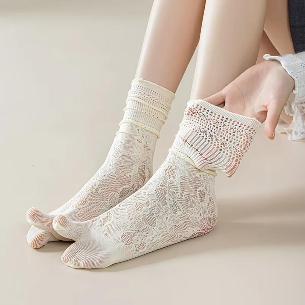 1 Paar Baumwoll-Zehentrenner-Socken Spitze Hohe Socken Neue Tabi Socken Damen beige
