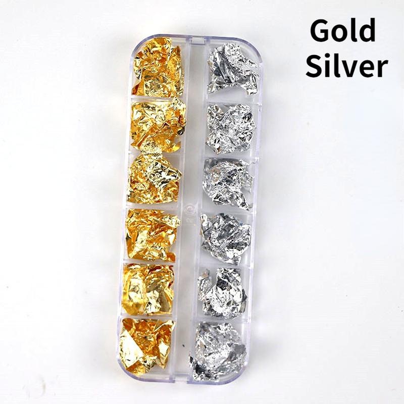 Glitzernde Foliennägel, Pailletten, unregelmäßiges Aluminium, Gold, Rot, Sommer-Design-Set, Nagel-Glitzer-Flocken, Gel-DIY-Maniküre-Zubehör Gold&Silver