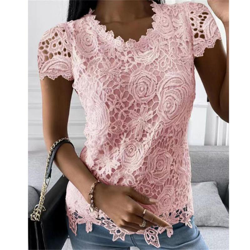 Damenmode, lässig, einfarbig, mit Druck, kurzärmelig, Rundhalsausschnitt, Blusen & Hemden XXXL rosa