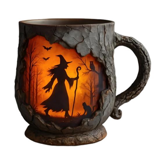 Vintage Kaffeetassen Mystische Hexe Rindenstruktur Tasse Halloween Lagerfeuer Tasse Outdoor-Abenteuer Geschenk für Wanderer Naturliebhaber A