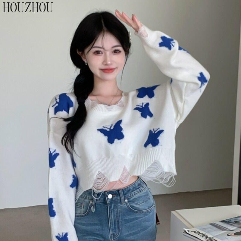 HOUZHOU Schmetterling Pullover Frauen Koreanische Gestrickte Harajuku Süße Übergroßen Casual Off Schulter Lose Jumper Y2K Cropped Tops L weiß