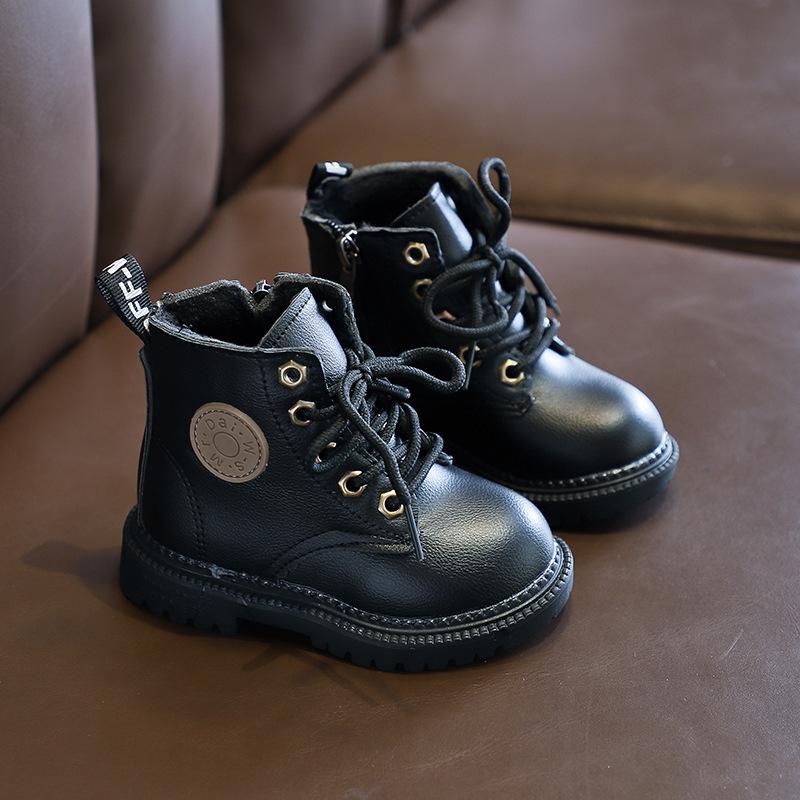 Winter Kinder Stiefel Jungen Mädchen Leder Martin Stiefel Plüsch Mode Wasserdicht Nicht-rutsch Warme Kinder Stiefel Schuhe 24 schwarz